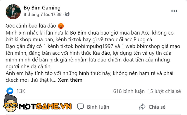 Bộ Bim là cái tên tiếp theo bị lợi dụng tên tuổi để lừa tiền game thủ.